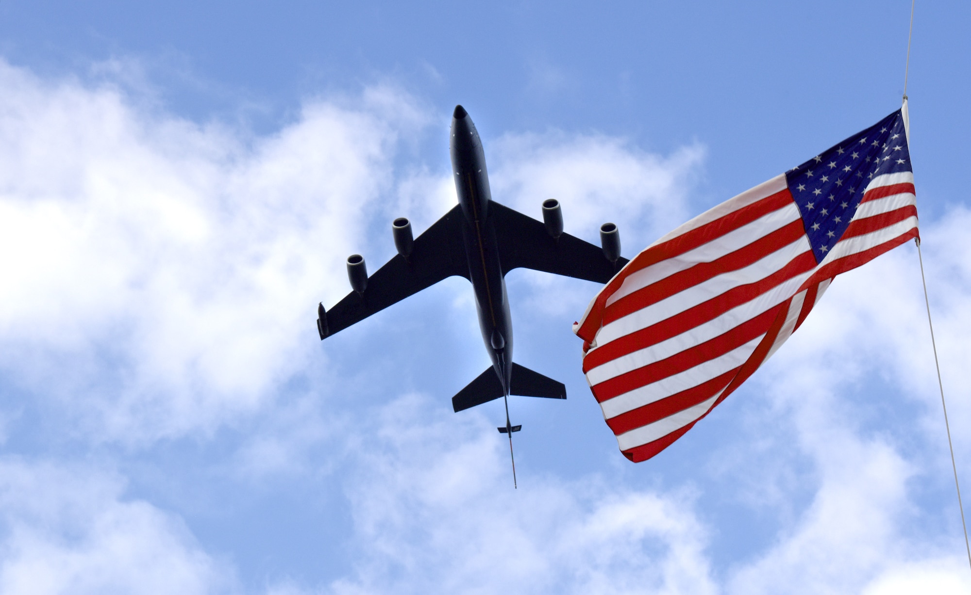 A KC-135 Stratotanker from the 100th Air Refueling Wing performs a flyover over Madingley American Cemetery, Cambridgeshire, England, Sept. 15, 2023. Of those who served in the U.S. Armed Forces, thousands have been interred at the cemetery at Madingley. There are 3,811 memorials and 5,127 names recorded on the Walls of the Missing, remembering and honoring those who sacrificed their lives for their country while serving overseas. (U.S. Air Force photo by Karen Abeyasekere)