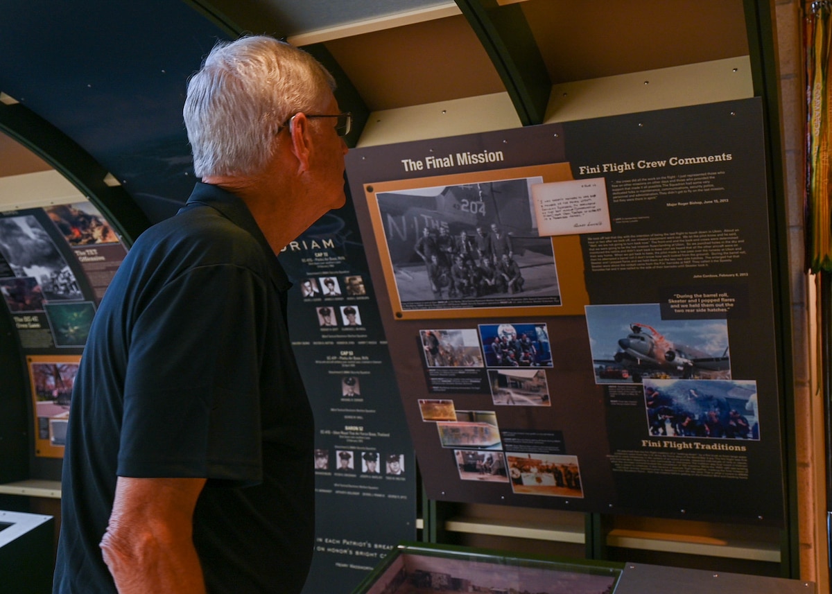 U.S. Air Force Retired Lt. Gen. Joseph Wehrle looks at a historic display of Goodfellow Air Force Base’s history in the Norma Brown building, Goodfellow Air Force Base, Texas, Sept. 22, 2023. Wehrle visited Goodfellow to celebrate the 30th anniversary of the 17th Training Wing. (U.S. Air Force photo by Airman 1st Class Zach Heimbuch)