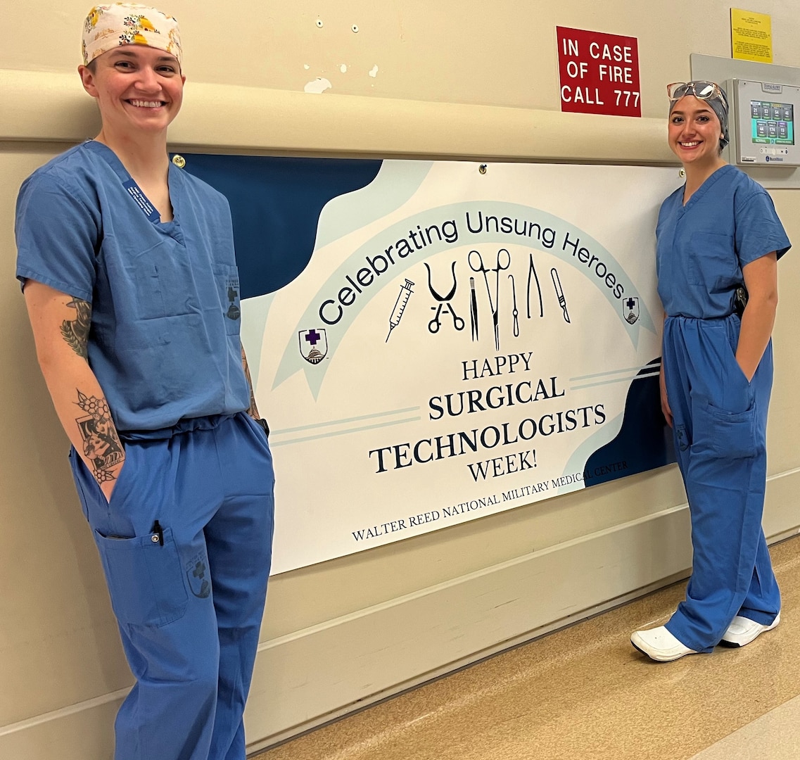 Navy Hospital Corpsman 2nd Class Caitlyn Green (left) and Corpsman Lucinda Calvert are just two of the surgical technologists at Walter Reed who are the behind-the-scene unsung heroes at Walter Reed who are celebrated during Surgical Technologists Week and year-round.