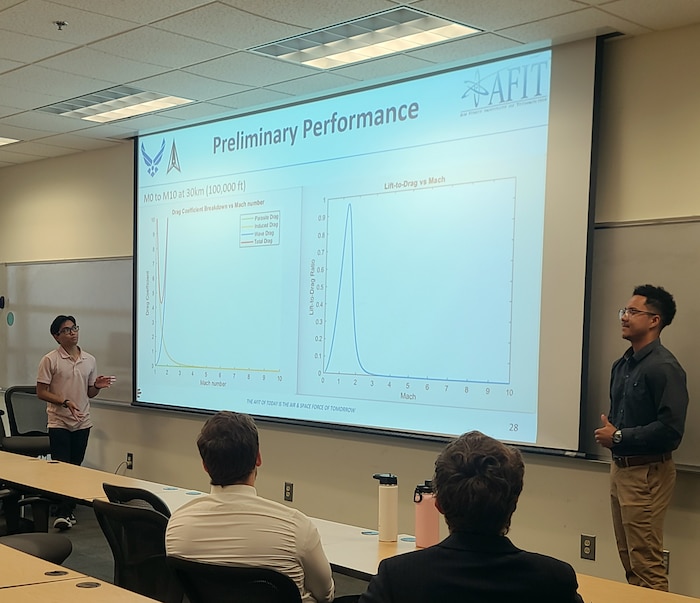Interns Matthew Madayag and Grayson Taeza-Gutter presented their research project at the end of the University Consortium for Applied Hypersonics summer program. The Air Force Institute of Technology hosted ten undergraduate interns as part of the program. (U.S. Air Force photo by Chelsey Cathey)