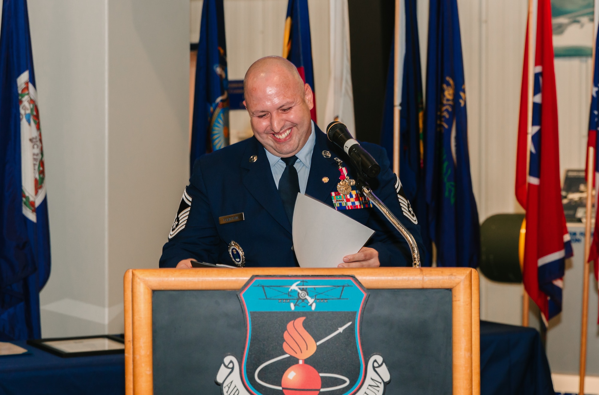 U.S. Air Force SMSgt Joshua Lee Fountain, a former 33rd Aircraft Maintenance Squadron weapons section chief, celebrates his career coming full circle thanks to the recruiter who helped him join twenty-one years ago.