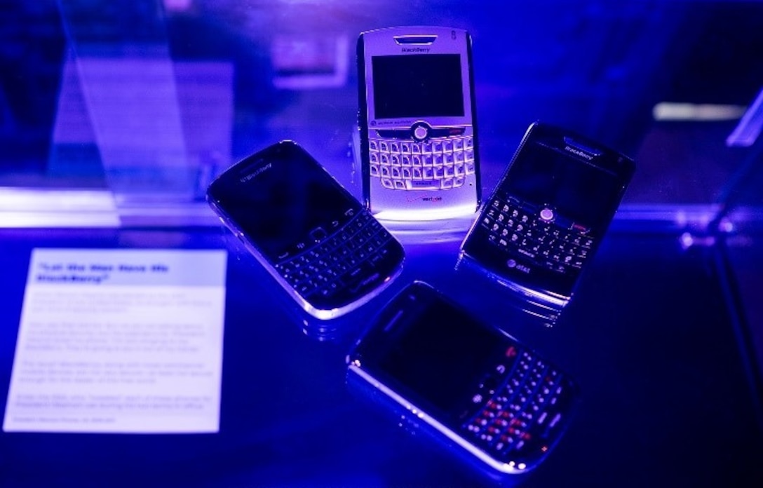 Former President Obama’s mobile devices bearing the seal of the President of the United States on display at the National Cryptologic Museum.