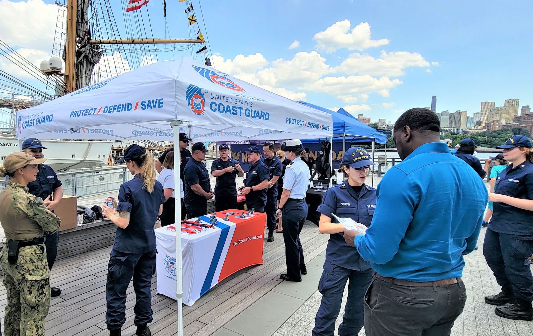 Coast Guard crews held a recruiting bonanza on Pier 17 South Street Seaport during the Baroque Eagle’s visit in late July. Events included a harbor welcome parade flyover, public tours, and a search and rescue demonstration by Station New York and Air Station Atlantic City. (U.S. Coast Guard photo.)