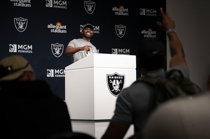 U.S. Air Force Airmen toured the Las Vegas Raiders press conference room during the United Services Automobile Association Salute to Service Bootcamp at Allegiant Stadium, Las Vegas, Nevada, Sept. 19, 2023.