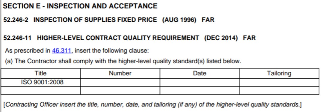 Example of Uniform Contract Format for Continuation Page's Section E - Inspection and Acceptance. See adjacent text or context for equivalent information of image.