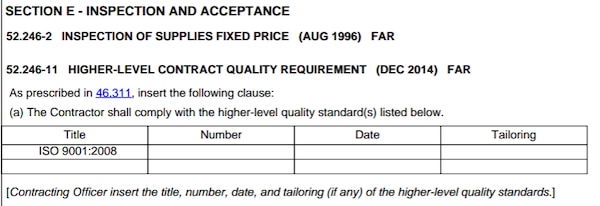 Example of Uniform Contract Format for Continuation Page's Section E - Inspection and Acceptance. See adjacent text or context for equivalent information of image.