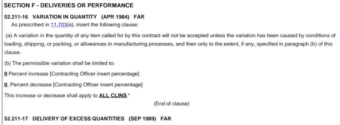Example of Uniform Contract Format for Continuation Page's Section F - Deliveries or Performance. See adjacent text or context for equivalent information of image.