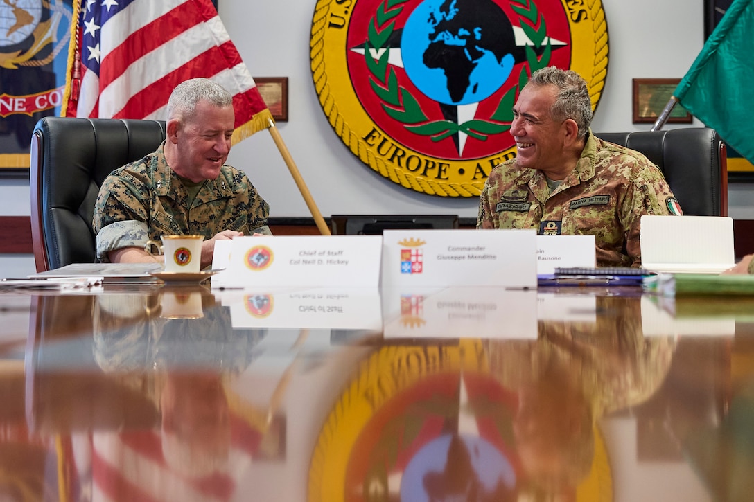 U.S. Marine Corps Maj. Gen. Robert B. Sofge Jr. (left), commander of U.S. Marine Corps Forces Europe and Africa (MARFOREUR/AF), speaks with Rear Adm. Massimiliano Grazioso (right), commander of the San Marco Marine Brigade and Amphibious Forces Command, at U.S. Army Garrison Panzer Kaserne in Boeblingen, Germany, Sept. 26, 2023. The visit was held to strengthen and build on the enduring relationship between the U.S. Marine Corps and the Italian naval and amphibious forces. (U.S. Marine Corps photo by Lance Cpl. Mary Linniman)