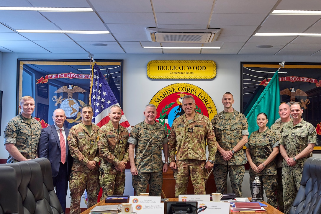 U.S. Marines with U.S. Marine Corps Forces Europe and Africa (MARFOREUR/AF) pose for a photo with Italian forces at U.S. Army Garrison Panzer Kaserne in Boeblingen, Germany, Sept. 26, 2023. The visit was held to strengthen and build on the enduring relationship between the U.S. Marine Corps and the Italian naval and amphibious forces. (U.S. Marine Corps photo by Lance Cpl. Mary Linniman)