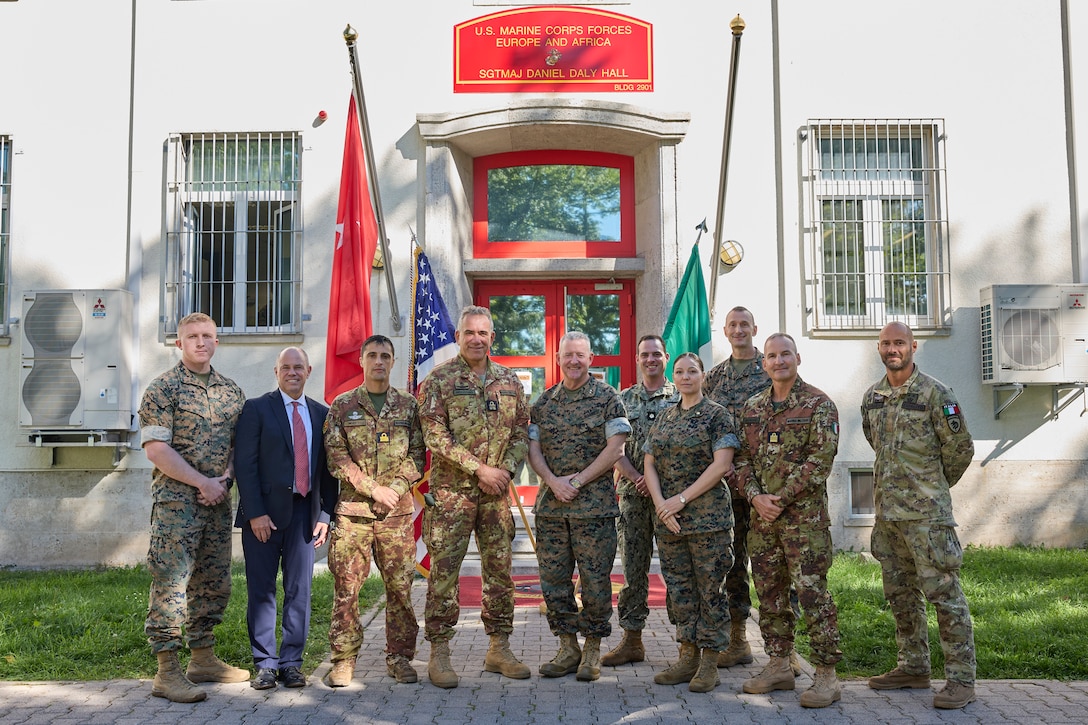 U.S. Marines with U.S. Marine Corps Forces Europe and Africa (MARFOREUR/AF) pose for a photo with Italian forces at U.S. Army Garrison Panzer Kaserne in Boeblingen, Germany, Sept. 26, 2023. The visit was held to strengthen and build on the enduring relationship between the U.S. Marine Corps and the Italian naval and amphibious forces. (U.S. Marine Corps photo by Lance Cpl. Mary Linniman)