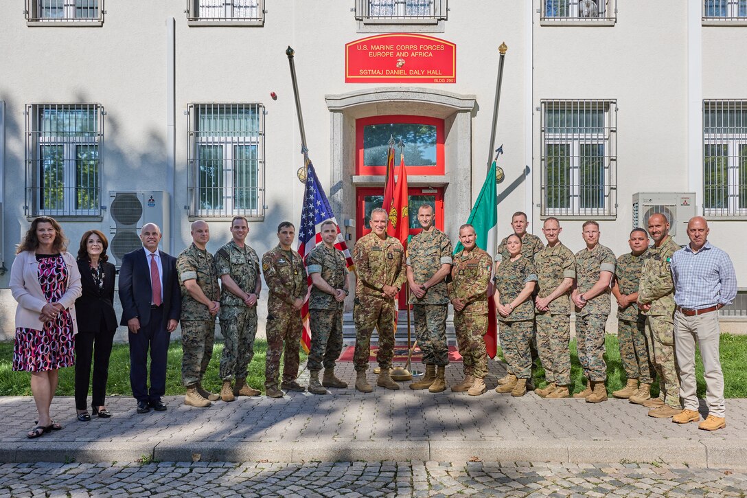U.S. Marines and staff with U.S. Marine Corps Forces Europe and Africa (MARFOREUR/AF) pose for a photo with Italian forces at U.S. Army Garrison Panzer Kaserne in Boeblingen, Germany, Sept. 26, 2023. The visit was held to strengthen and build on the enduring relationship between the U.S. Marine Corps and the Italian Navy and amphibious forces. (U.S. Marine Corps photo by Lance Cpl. Mary Linniman)