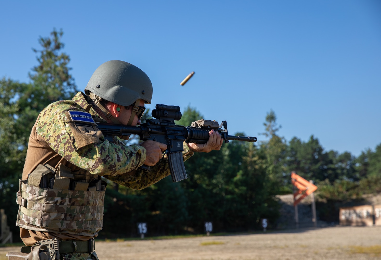 Subteniente Jaime Peraza of the Salvadoran infantry shoots an M4 rifle from the standing position during the 2023 New Hampshire National Combat Marksmanship Match on Sept. 7, 2023, at Fort Devens, Mass.