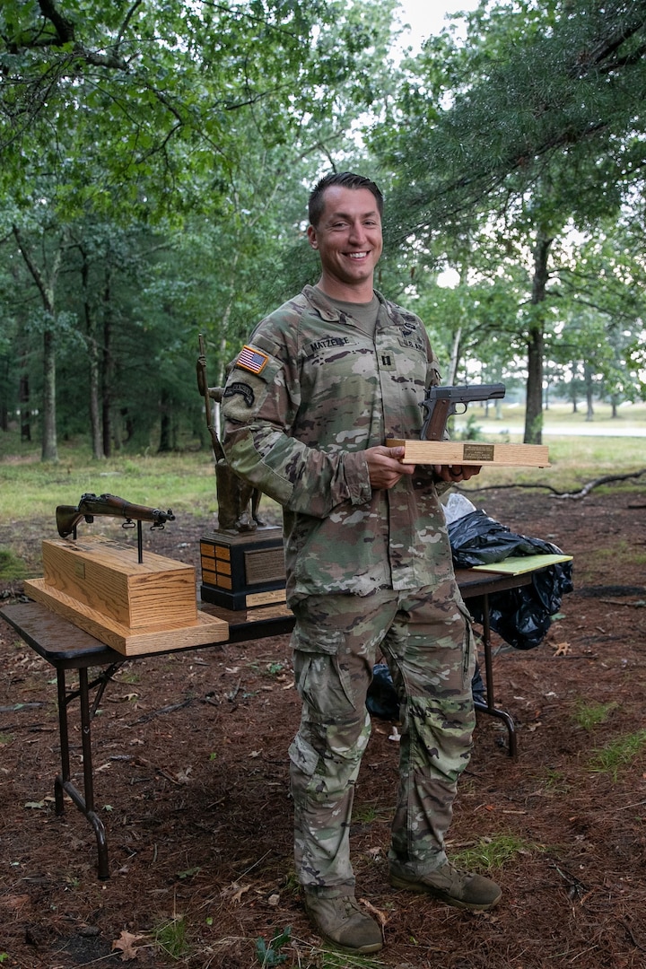 Capt. Robert Matzelle, commander of Charlie Company, 3rd Battalion, 172nd Infantry Regiment (Mountain), New Hampshire National Guard, won the 1st Lt. Wheeler Award for the top individual pistol shooter in the 2023 NHNG Combat Marksmanship Match held Sept. 6 to 8 at Fort Devens, Mass.