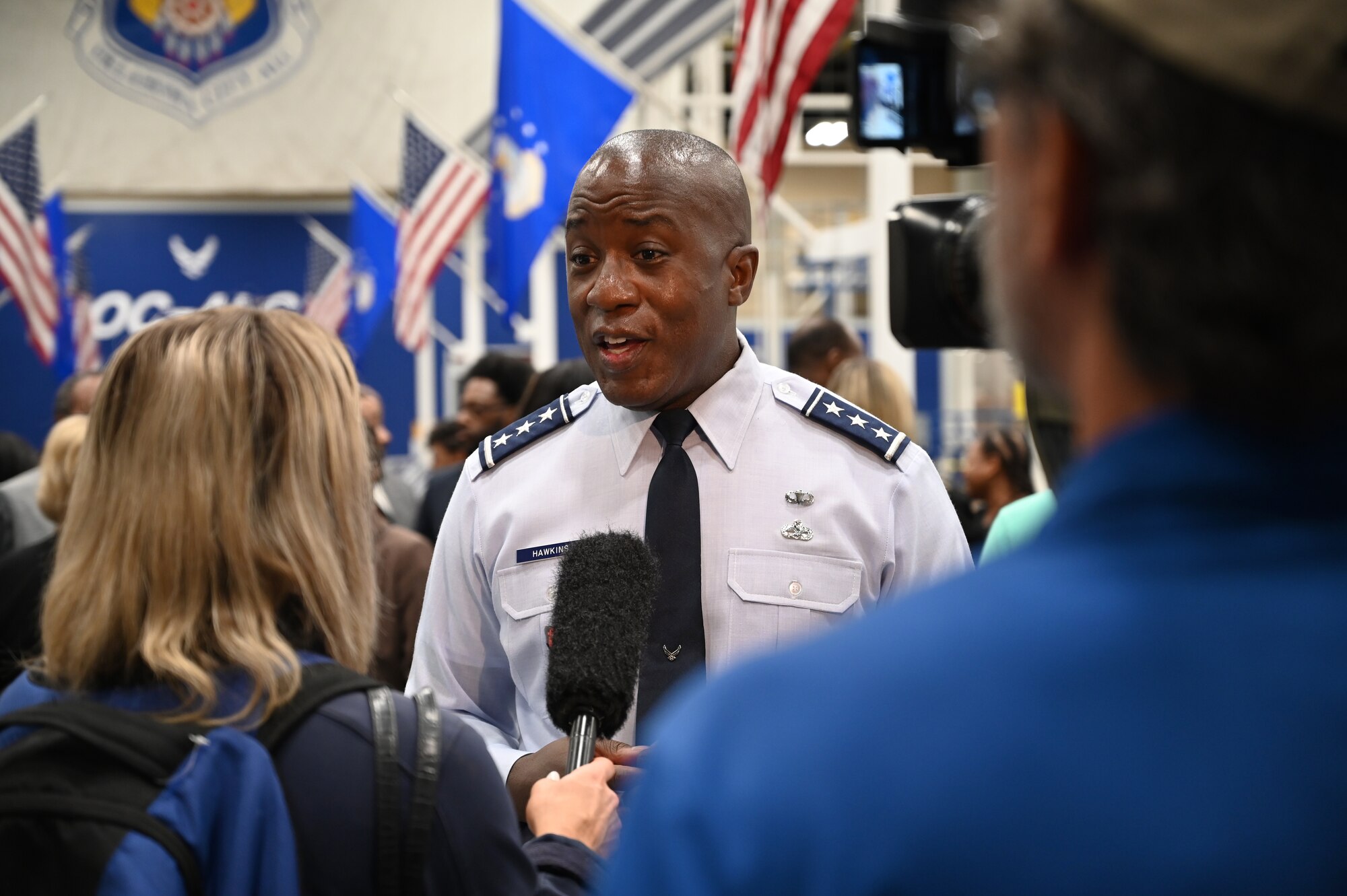U.S. Air Force Lt. Gen. Stacey T. Hawkins, Air Force Sustainment Center commander, speaks with local media after signing an Educational Partnership Agreement on Sept. 25 with Dr. Ruth Ray Jackson, Langston University interim president, establishing an educational partnership agreement between the two entities.
