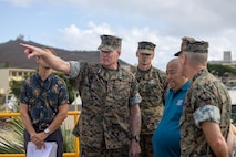 U.S. Marine Corps Lt. Gen. Edward D. Banta, Deputy Commandant of Installations and Logistics, center, discusses installation water treatment measures with staff members of the Water Reclamation Facility on Marine Corps Base Hawaii, Sept. 13, 2023. Banta visited MCBH to gain insight into current base modernization efforts to meet the demands of a constantly evolving strategic environment in accordance with Force Design 2030. (U.S. Marine Corps photo by Cpl. Cody Purcell)