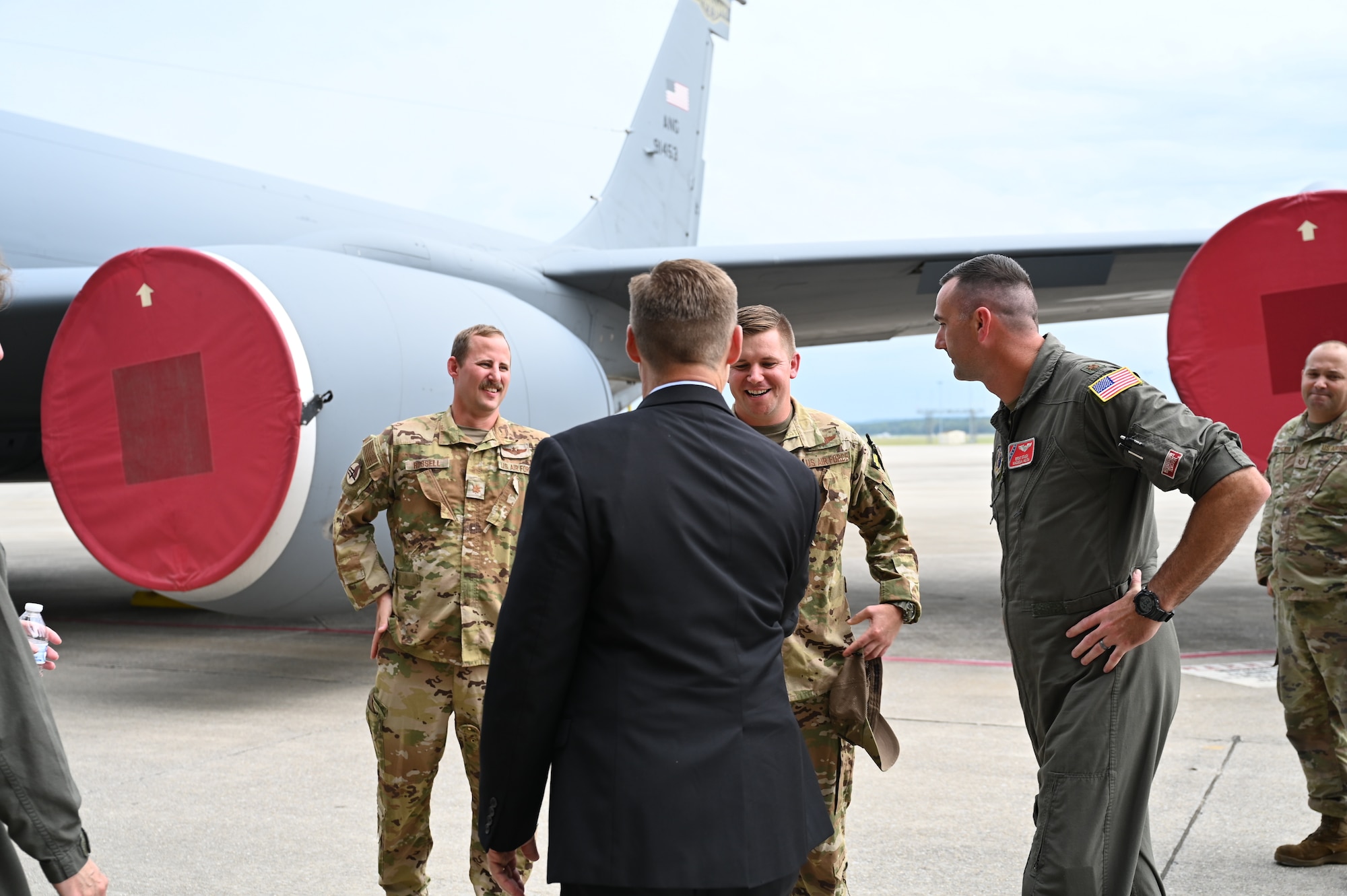 Congressman Michael Guest greets Airmen on the flight line at the 186th Air Refueling Wing, Key Field Air National Guard Base, Meridian, Mississippi, Sept. 25, 2023, following a roundtable to discuss efforts to bring the KC-46 Pegasus aircraft, the next generation of aerial refueling, to the base.