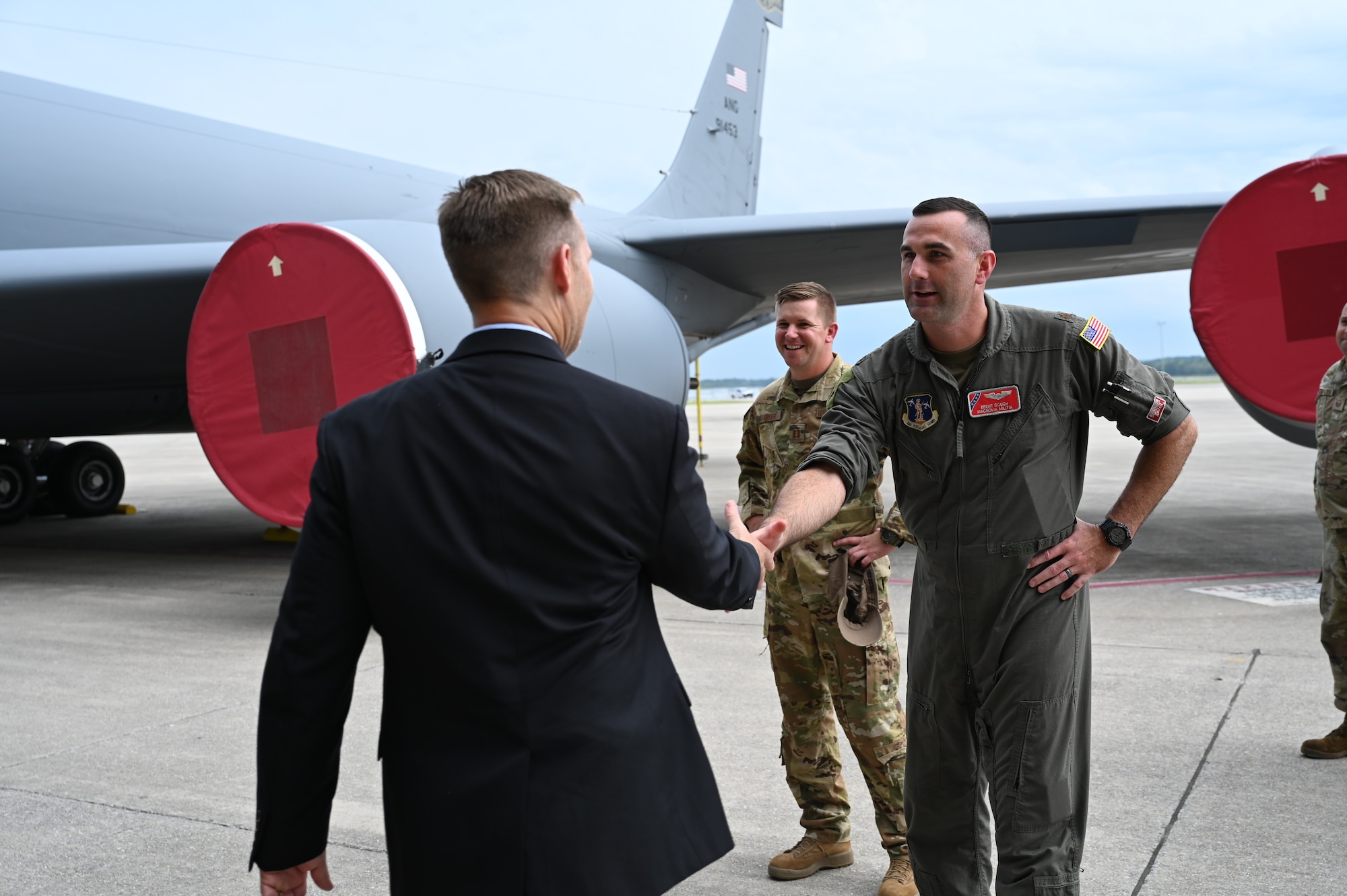 Congressman Michael Guest greets Airmen with the 186th Air Refueling wing following a roundtable held at Key Field Air National Guard Base, Meridian, Mississippi, Sept. 25, 2023, to discuss efforts to bring the KC-46 Pegasus aircraft, the next generation of aerial refueling, to the base