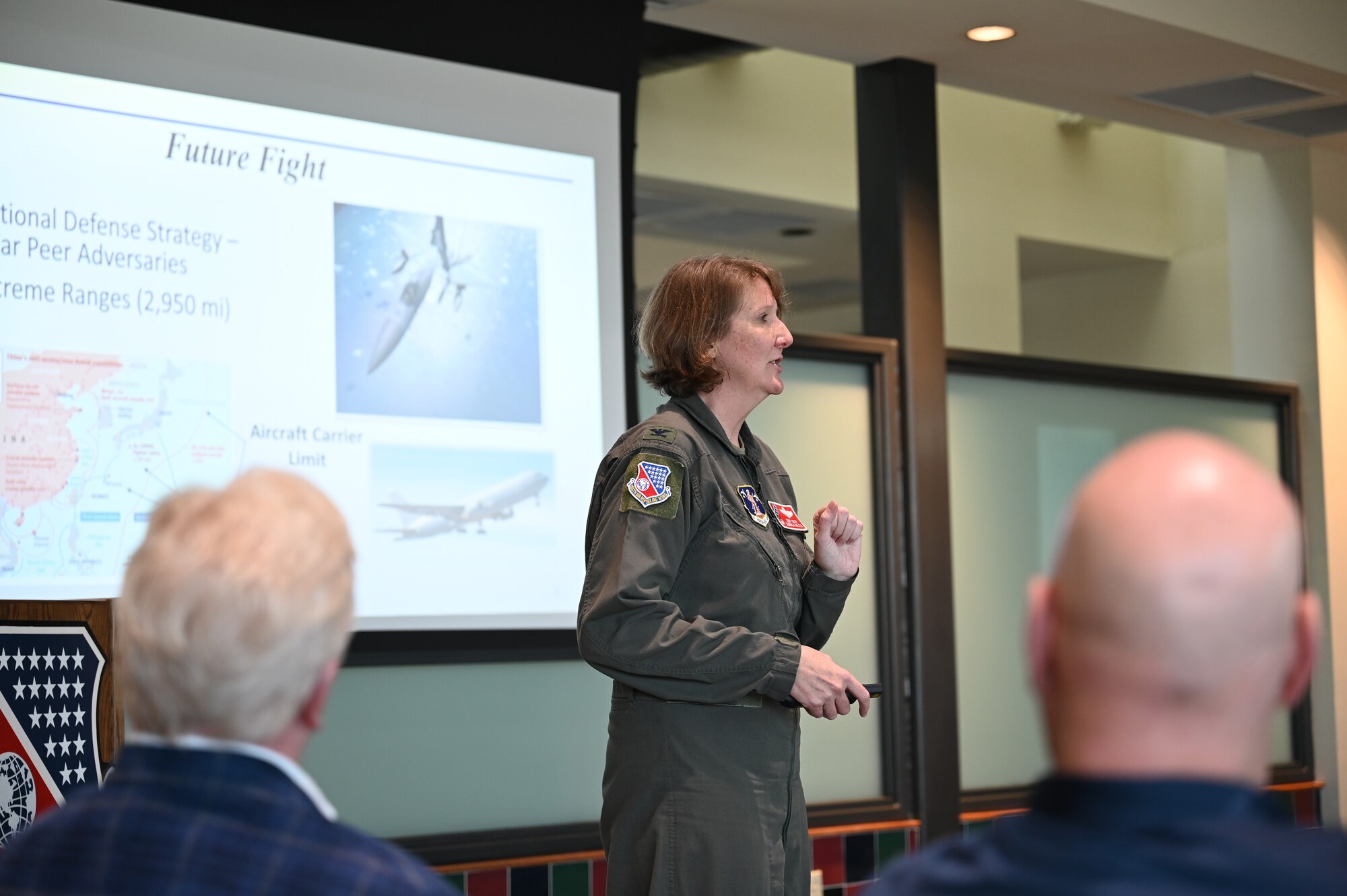 Col. Cynthia Smith, commander of the 186th Air Refueling Wing, briefs state and local leadership along with community members at the 186th Air Refueling Wing, Key Field Air National Guard Base, Meridian, Mississippi, Sept. 25, 2023.