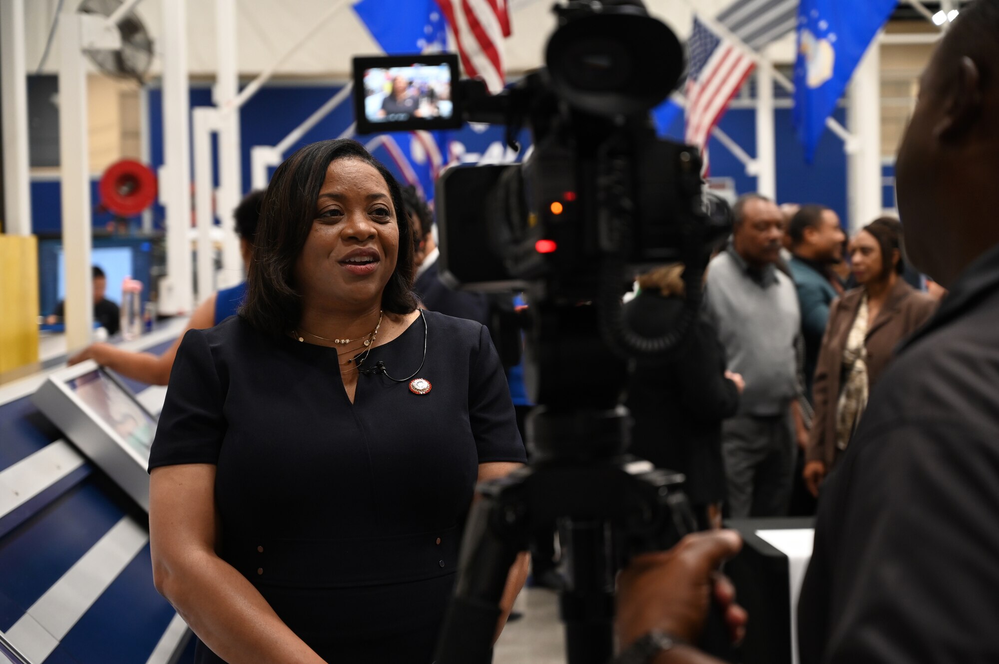 Dr. Ruth Ray Jackson, Langston University interim president, speaks with local media after signing an Educational Partnership Agreement on Sept. 25 with U.S. Air Force Lt. Gen. Stacey T. Hawkins, Air Force Sustainment Center commander, establishing an educational partnership agreement between the two entities.