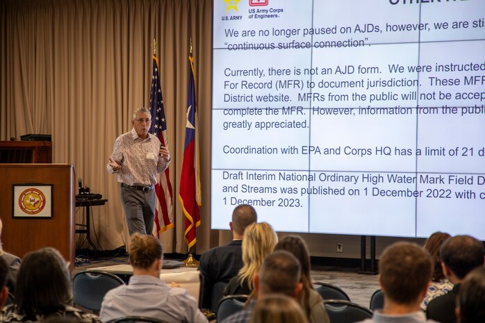 John Davidson, U.S. Army Corps of Engineers (USACE) Galveston District's regulatory technical expert, gives a presentation on approved jurisdictional determinations (AJD) during a public outreach workshop at the district headquarters, September 21, 2023. The AJD is a process used by USACE to make a definitive, official determination whether aquatic resources in an area are, or are not, jurisdictional.