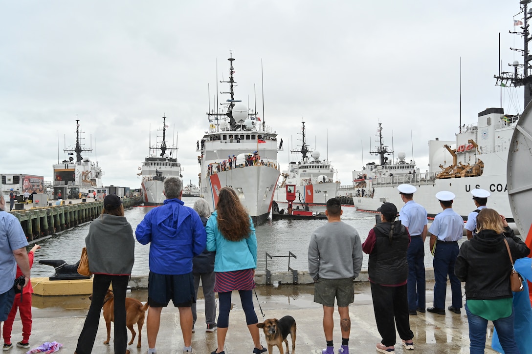 Family and friends of U.S. Coast Guard Cutter Forward's (WMEC 911) crew watch the cutter approach the pier, Sept. 26, in Portsmouth, Virginia. Forward completed a two-and-a-half month-long patrol in the North Atlantic Ocean to support the Coast Guard Arctic Strategy and participate in the Canadian Armed Forces-led Operation Nanook 2023, an annual military exercise conducted to strengthen shared maritime objectives in the high northern latitudes. (U.S. Coast Guard photo by Petty Officer 2nd Class Brandon Hillard)