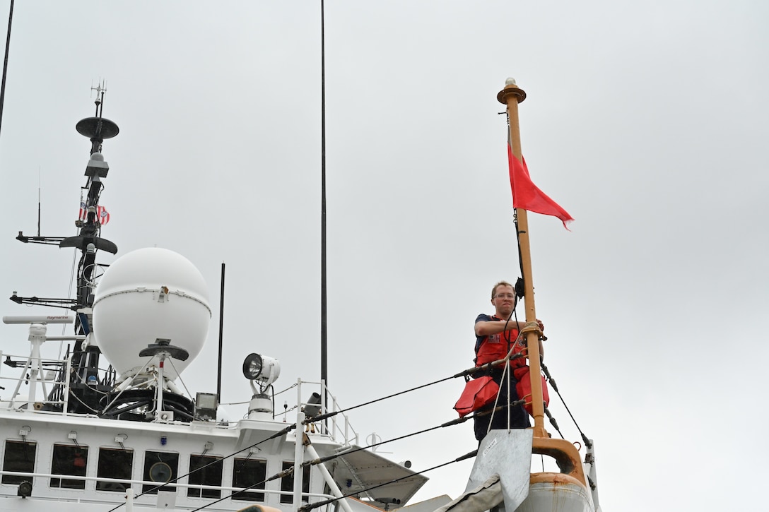 A U.S. Coast Guard Cutter Forward (WMEC 911) crew member prepares the cutter to moor, Sept. 26, at the pier in Portsmouth, Virginia. Forward completed a two-and-a-half month-long patrol in the North Atlantic Ocean to support the Coast Guard Arctic Strategy and participate in the Canadian Armed Forces-led Operation Nanook 2023, an annual military exercise conducted to strengthen shared maritime objectives in the high northern latitudes. (U.S. Coast Guard photo by Petty Officer 2nd Class Brandon Hillard)