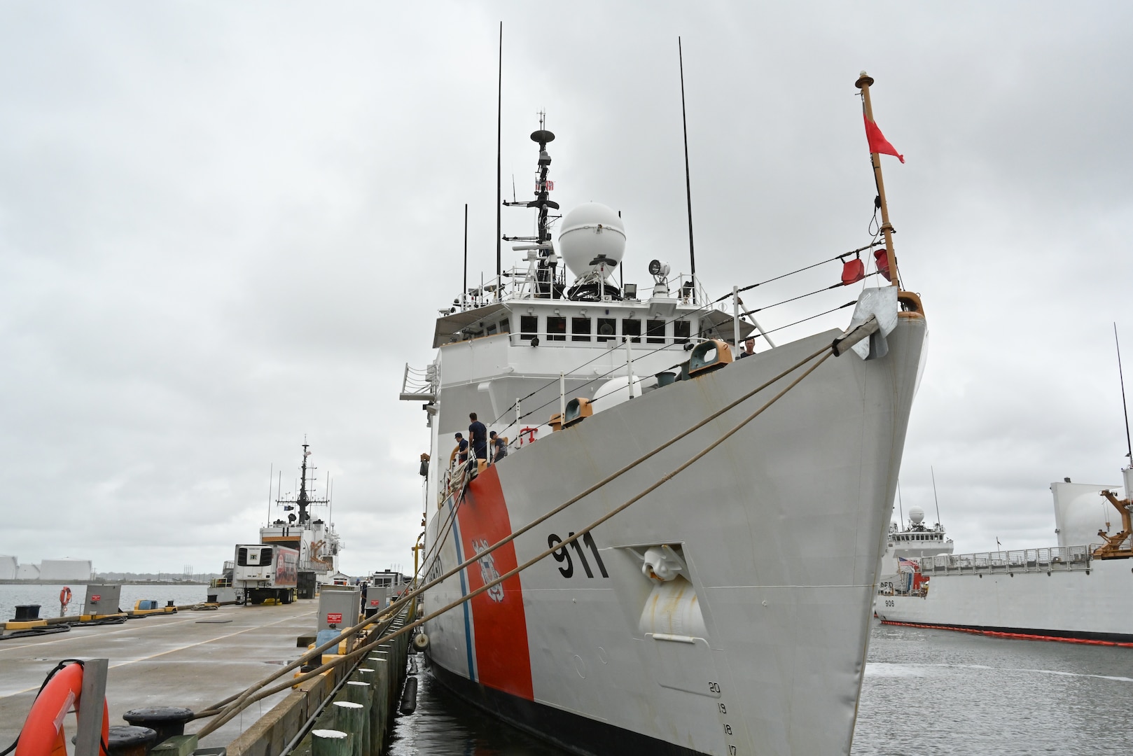 The crew of U.S. Coast Guard Cutter Forward (WMEC 911) moor to the pier, Sept. 26, in Portsmouth, Virginia. Forward completed a two-and-a-half month-long patrol in the North Atlantic Ocean to support the Coast Guard Arctic Strategy and participate in the Canadian Armed Forces-led Operation Nanook 2023, an annual military exercise conducted to strengthen shared maritime objectives in the high northern latitudes. (U.S. Coast Guard photo by Petty Officer 2nd Class Brandon Hillard)
