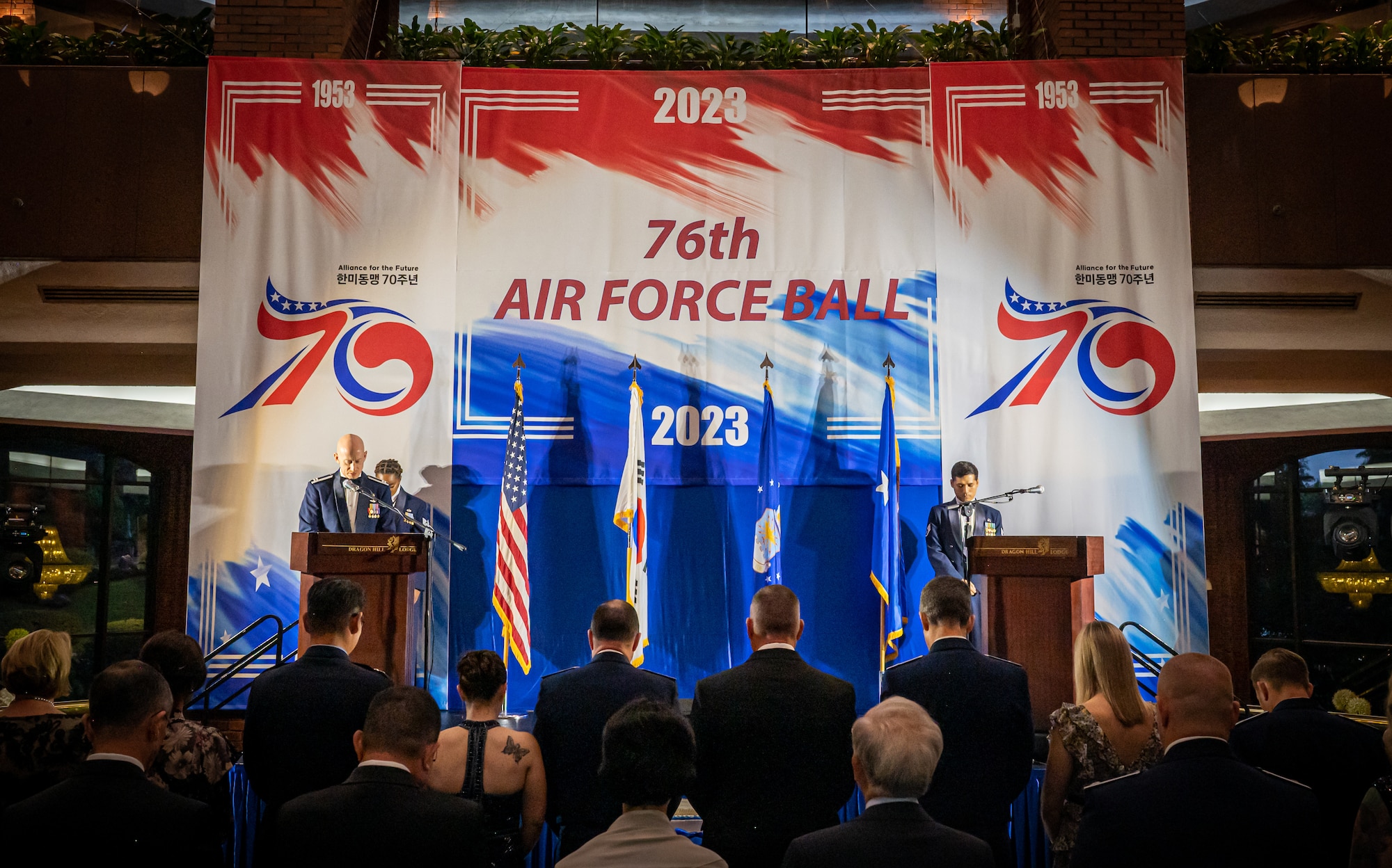 U.S. Air Force Capt. Peter Jackson, 51st Fighter Wing chaplain, offers the invocation during the 76th Air Force Ball at U.S. Army Garrison Yongsan, Republic of Korea, Sept. 23, 2023. The Air Force Ball is a formal event that commemorates the heritage and legacy of the Air Force since its inception on Sept. 18, 1947. (U.S. Air Force photo by Staff Sgt. Kelsea Caballero)