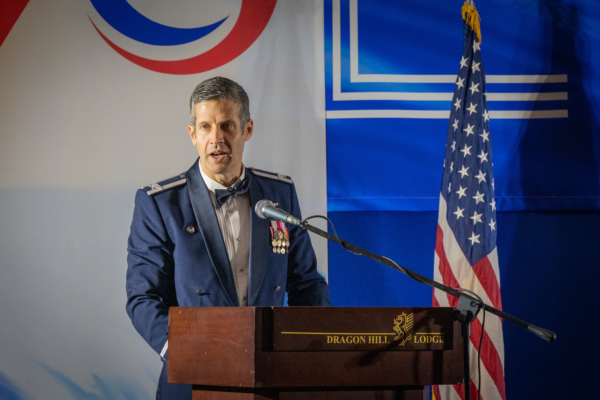 U.S. Air Force Col. William McKibban, 51st Fighter Wing commander, gives remarks at U.S. Army Garrison Yongsan, Republic of Korea, Sept. 23, 2023. The ball commemorated the 76th anniversary of the Air Force’s inception and the legacy of members that have contributed to the development of today’s force. (U.S. Air Force photo by Staff Sgt. Kelsea Caballero)