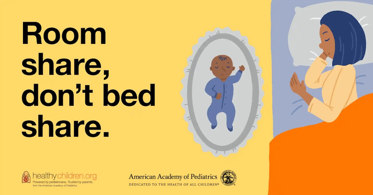 A graphic of a baby sleeping in a crib beside a woman in a bed says, “Room share, don’t bed share.”