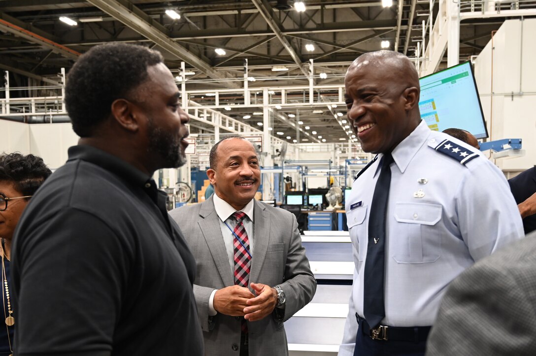 U.S. Air Force Lt. Gen. Stacey T. Hawkins, Air Force Sustainment Center commander, speaks with guests after a ground-breaking agreement was brokered on Sept. 25 when he and Dr. Ruth Ray Jackson, Langston University interim president, signed official documents establishing an educational partnership agreement between the two entities.