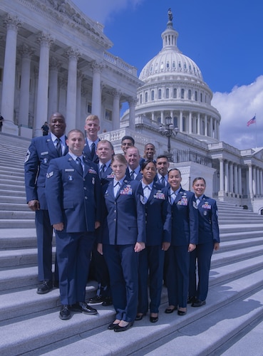 The 12 Outstanding Airmen of the Year for 2023 pose in front of the Capital building before a tour, Washington, D.C., Sept. 13, 2023. The Airmen were selected based on their leadership, job performance and personal achievement. (U.S. Air Force photo by Staff Sgt. Olivia Stecker)