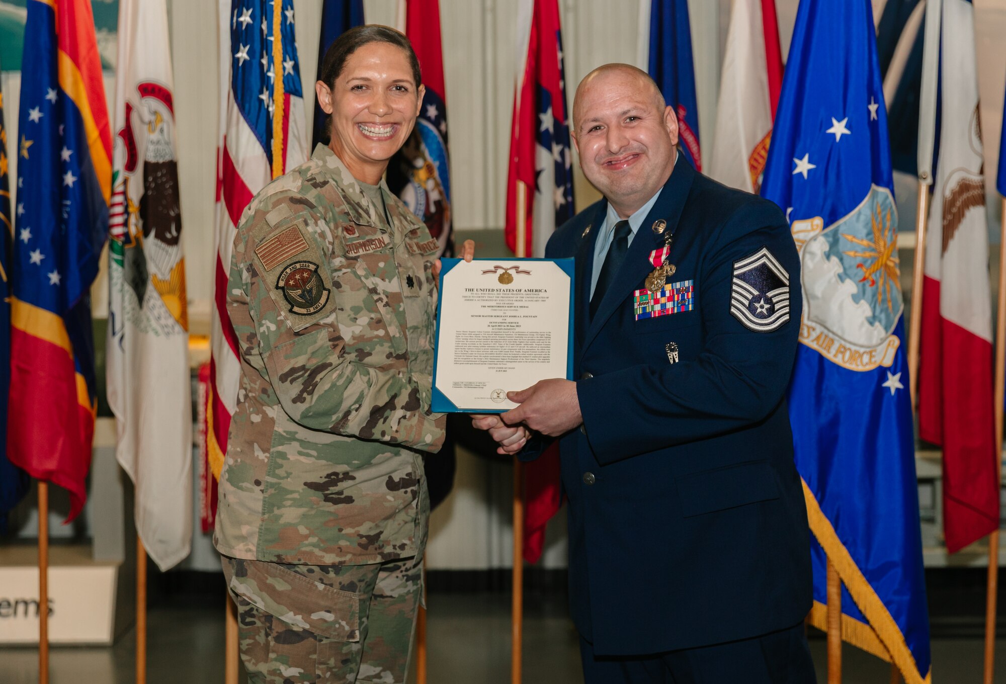 U.S. Air Force SMSgt Joshua Lee Fountain, a former 33rd Aircraft Maintenance Squadron weapons section chief, celebrates his career coming full circle thanks to the recruiter who helped him join twenty-one years ago.