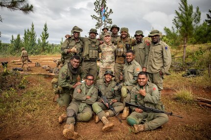 Nevada Army National Guard leadership, including Brig. Gen. Troy Armstrong, center, visited with Soldiers and military personnel from allied partner nations in the South Pacific Sept. 23-24, 2023, during Exercise Cartwheel 2023, a multinational military training exercise conducted in Fiji this month. Nevada National Guardsmen and service members from Australia, New Zealand, the United Kingdom and the Republic of Fiji, are training during the exercise.