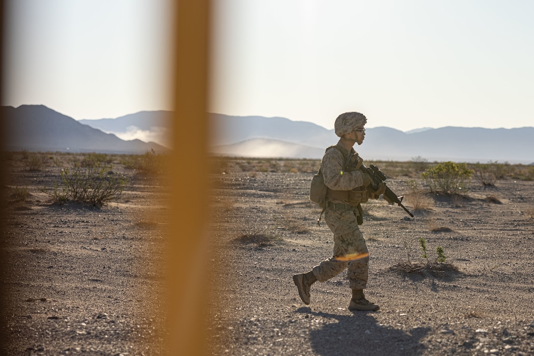 U.S. Marine Corps Pfc. Julien Kleiv, a military police officer assigned to Military Police Company C, 4th Law Enforcement Battalion, Force Headquarters Group, Marine Forces Reserve, conducts a perimeter check during a Motorized Operators Course at Marine Corps Air-Ground Combat Center Twentynine Palms, California, as part of Integrated Training Exercise 4-23, June 14, 2023. As the Marine Corps Reserve’s premier annual training event, ITX provides opportunities to mobilize geographically dispersed forces for a deployment; increase combat readiness and lethality; and exercise MAGTF command and control of battalions and squadrons across the full spectrum of warfare. Kleiv is a native of Hilliard, Ohio and attended Bradley High School. (U.S. Marine Corps Photo by Lance Cpl. Juan Diaz)