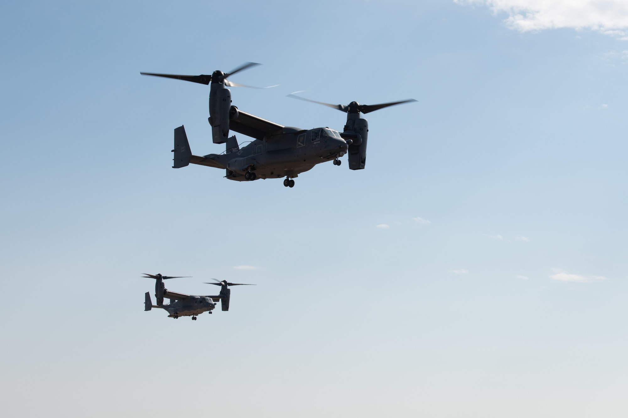 A pair of CV-22 Ospreys transports members of the Medical Support Summit to Melrose Air Force Range