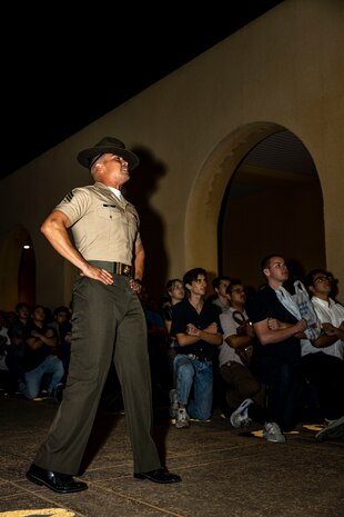 U.S. Marine Corps Sgt. James Vigil, a drill instructor with Receiving Company, Support Battalion, instructs recruits with Lima Company, 3rd Recruit Training Battalion, during receiving at Marine Corps Recruit Depot San Diego, Sept. 25, 2023. Receiving is the first event during recruit training where recruits are checked for contraband, given a haircut, issued gear and make a phone call 
home. Vigil is a native of Albuquerque, N.M. (U.S. Marine Corps photo by Sgt. Yvonna Guyette)