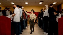 U.S. Marine Corps Sgt. Gladys Ruiz, a drill instructor with Receiving Company, Support Battalion, instructs recruits with Lima Company, 3rd Recruit Training Battalion, during receiving at Marine Corps Recruit Depot San Diego, Sept. 25, 2023. Receiving is the first event during recruit training where recruits are checked for contraband, given a haircut, issued gear and make a phone call 
home. (U.S. Marine Corps photo by Sgt. Yvonna Guyette)