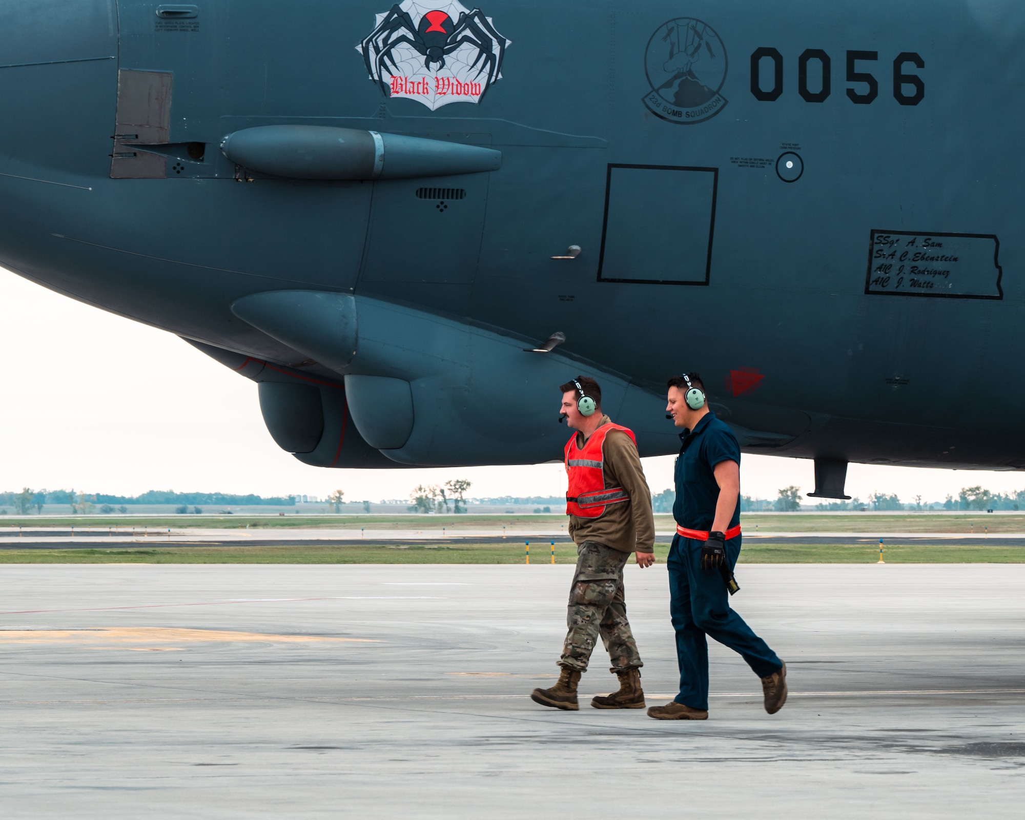 The 5th Aircraft Maintenance Squadron’s new wireless headset kit displayed at Minot Air Force Base, North Dakota, Sept. 19, 2023. The wireless headset kit gives Airmen increased mobility while maneuvering around the B-52H Stratofortress. (U.S. Air Force photo by Senior Airman Evan Lichtenhan)