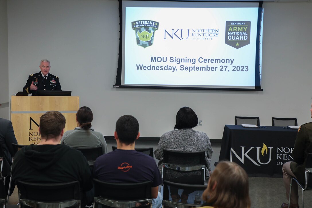 Kentucky’s Adjutant General, Maj. Gen. Hal Lamberton, was joined by Northern Kentucky University's Interim President Bonita Brown, in signing the Memorandum of Understanding at the University Center building on NKU's campus Sept. 27, 2023.