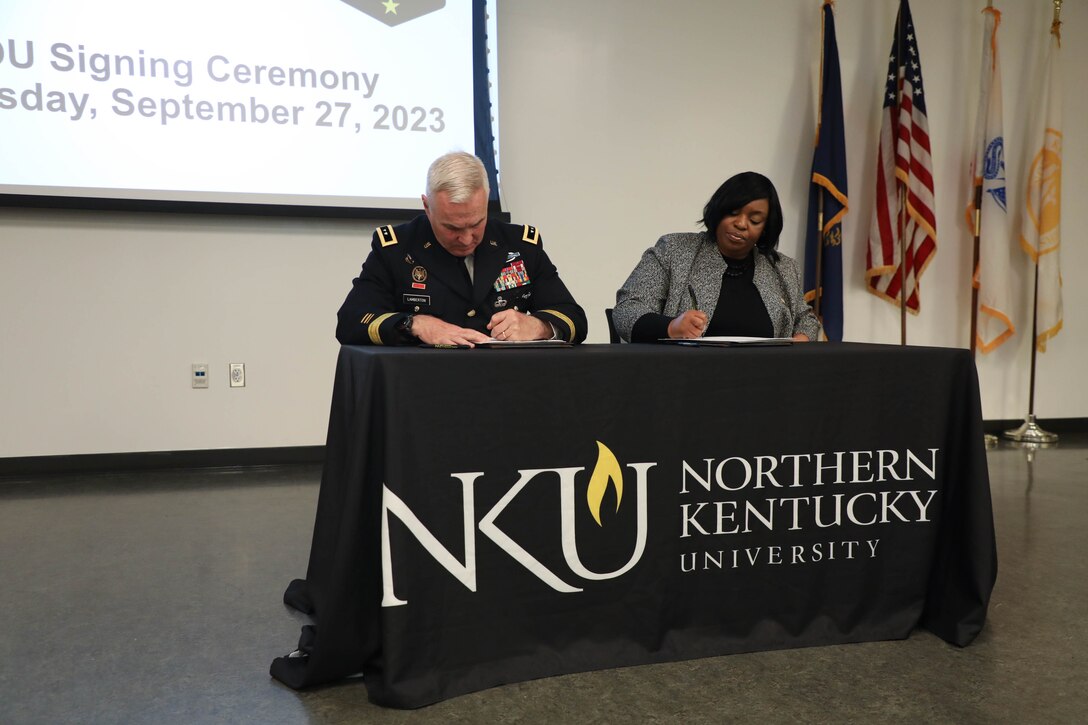 Kentucky’s Adjutant General, Maj. Gen. Hal Lamberton, was joined by Northern Kentucky University's Interim President Bonita Brown, in signing the Memorandum of Understanding at the University Center building on NKU's campus Sept. 27, 2023.