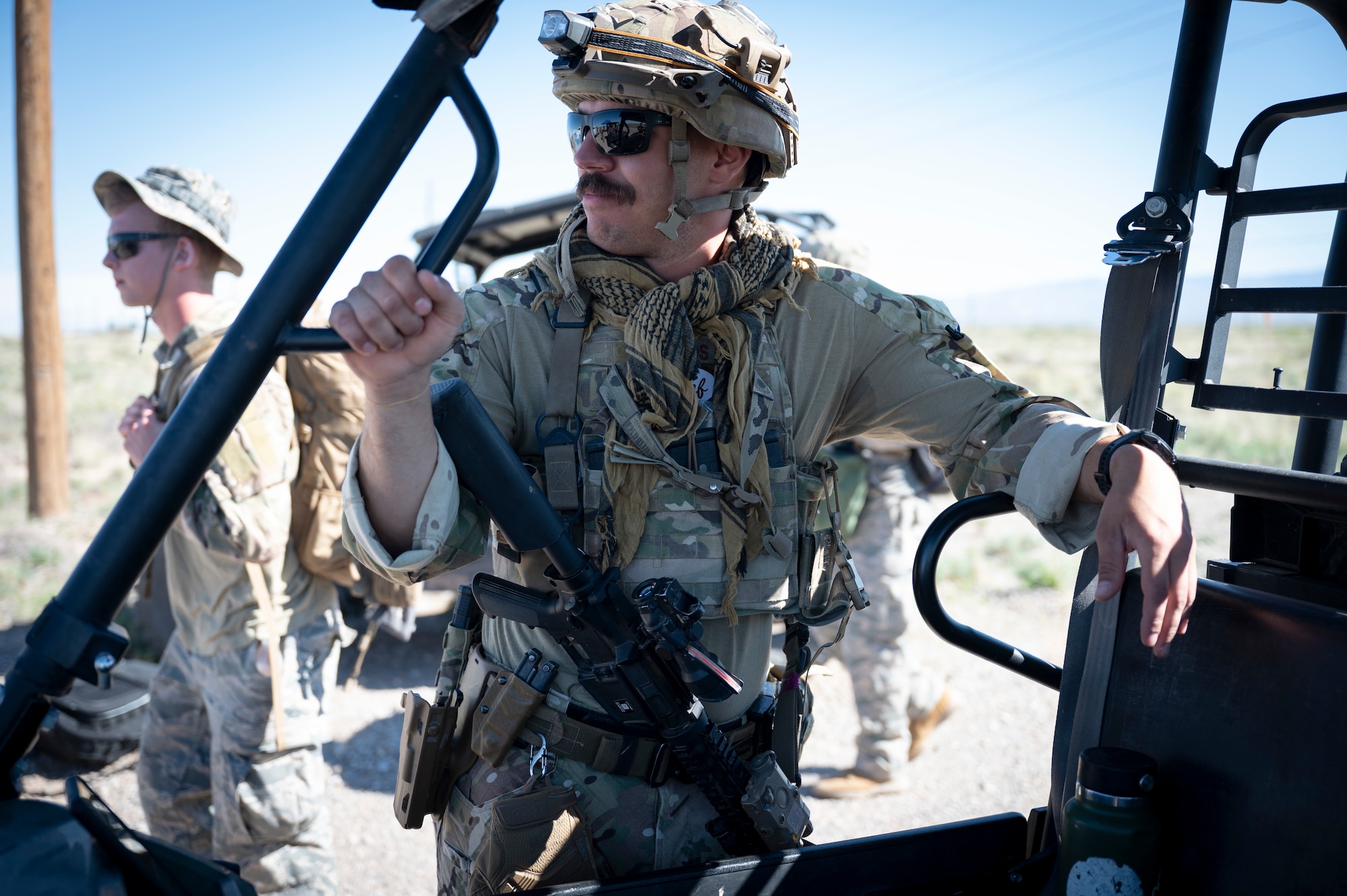 U.S. Air Force Jacob Breibarth, 49th Civil Engineer Squadron explosive ordnance disposal equipment custodian, prepares for training exercise at Holloman Air Force Base, New Mexico, Sep. 18, 2023. The EOD flight is trained to disarm and dispose of any explosives that pose a threat to personnel on base. (U.S. Air Force photo by Airman 1st Class Michelle Ferrari)