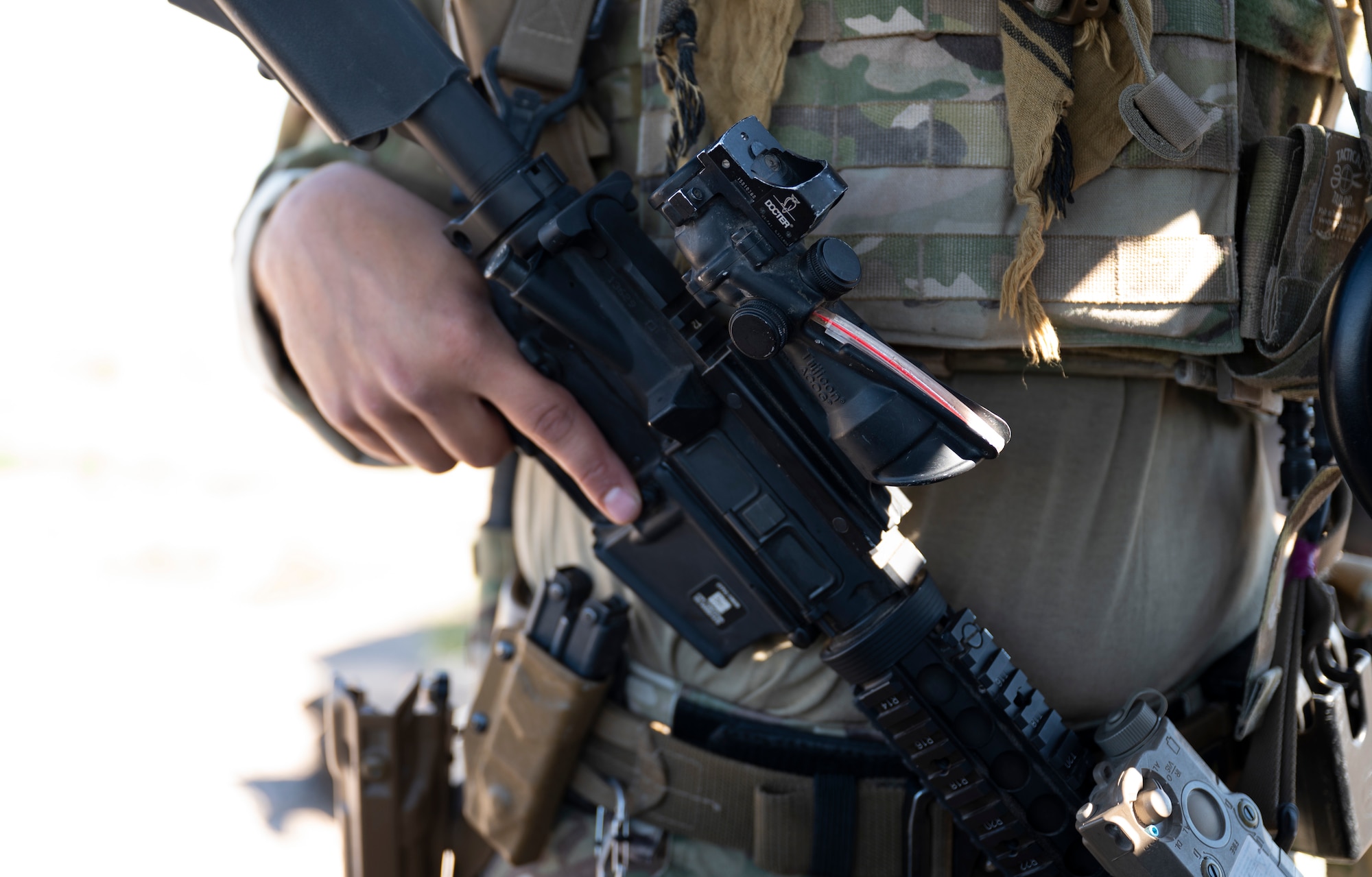 An Airman from the 49th Civil Engineer Squadron explosive ordnance disposal operations stands guard during an exercise at Holloman Air Force Base, New Mexico, Sep. 20, 2023. The EOD flight applies special techniques and procedures to lessen or remove the hazards created by the presence of unexploded ordnance. (U.S. Air Force photo by Airman 1st Class Michelle Ferrari)