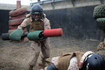 U.S. Marine Corps recruits with Echo Company, 2nd Recruit Training Battalion, execute a pugil stick battle during the crucible at Marine Corps Base Camp Pendleton, Calif., Sept. 26, 2023. The crucible is a 54-hour exercise where recruits apply the knowledge they learned throughout recruit training to earn the title “United States Marine.” (U.S. Marine Corps photo by Lance Cpl. Jacob B. Hutchinson)
