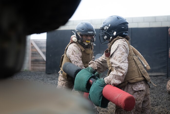 U.S. Marine Corps recruits with Echo Company, 2nd Recruit Training Battalion, execute pugil sticks during the crucible at Marine Corps Base Camp Pendleton, Calif., Sept. 26, 2023. The crucible is a 54-hour exercise where recruits apply the knowledge they learned throughout recruit training to earn the title “United States Marine.” (U.S. Marine Corps photo by Lance Cpl. Jacob B. Hutchinson)