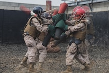 U.S. Marine Corps recruits with Echo Company, 2nd Recruit Training Battalion, execute a pugil stick battle during the crucible at Marine Corps Base Camp Pendleton, Calif., Sept. 26, 2023. The crucible is a 54-hour exercise where recruits apply the knowledge they learned throughout recruit training to earn the title “United States Marine.” (U.S. Marine Corps photo illustration by Lance Cpl. Jacob B. Hutchinson)
