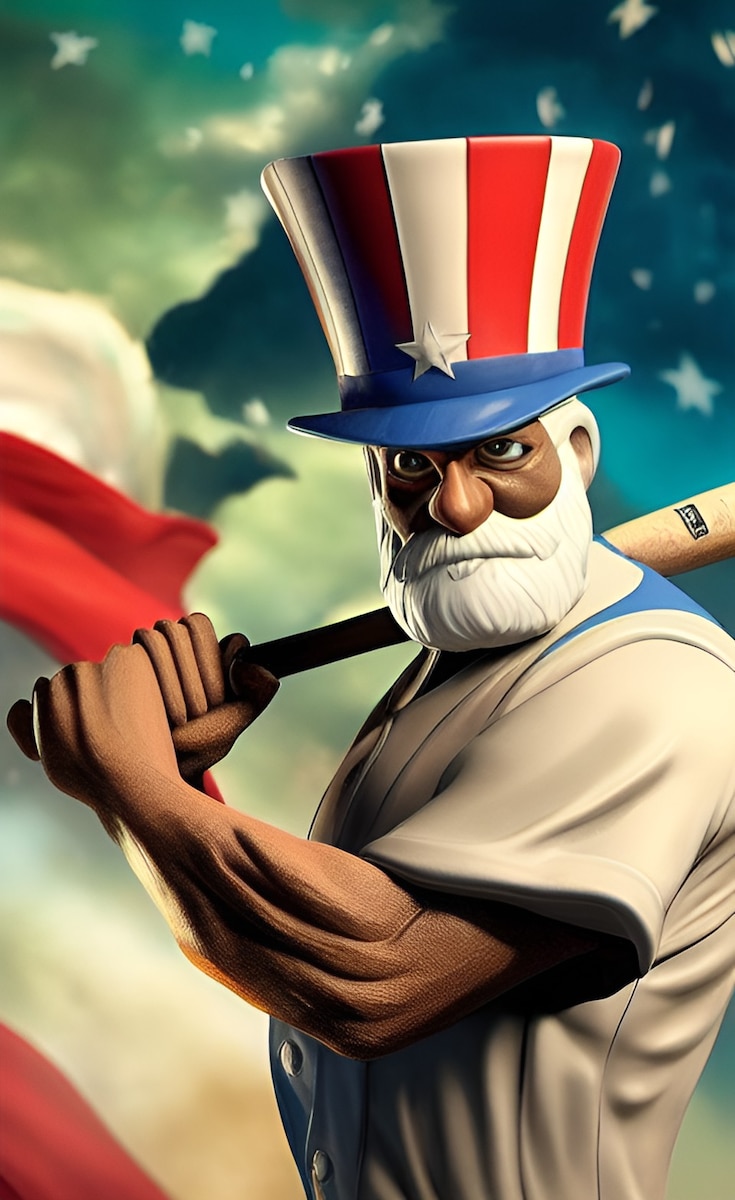 Uncle Sam dressed in baseball attire and his iconic top hat