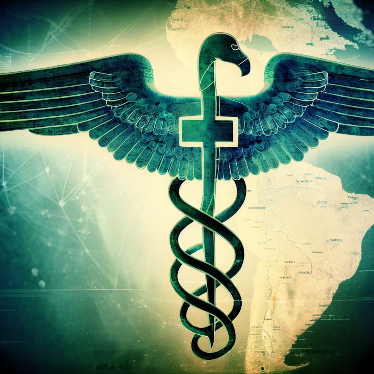 A Caduceus superimposed over a map of South America