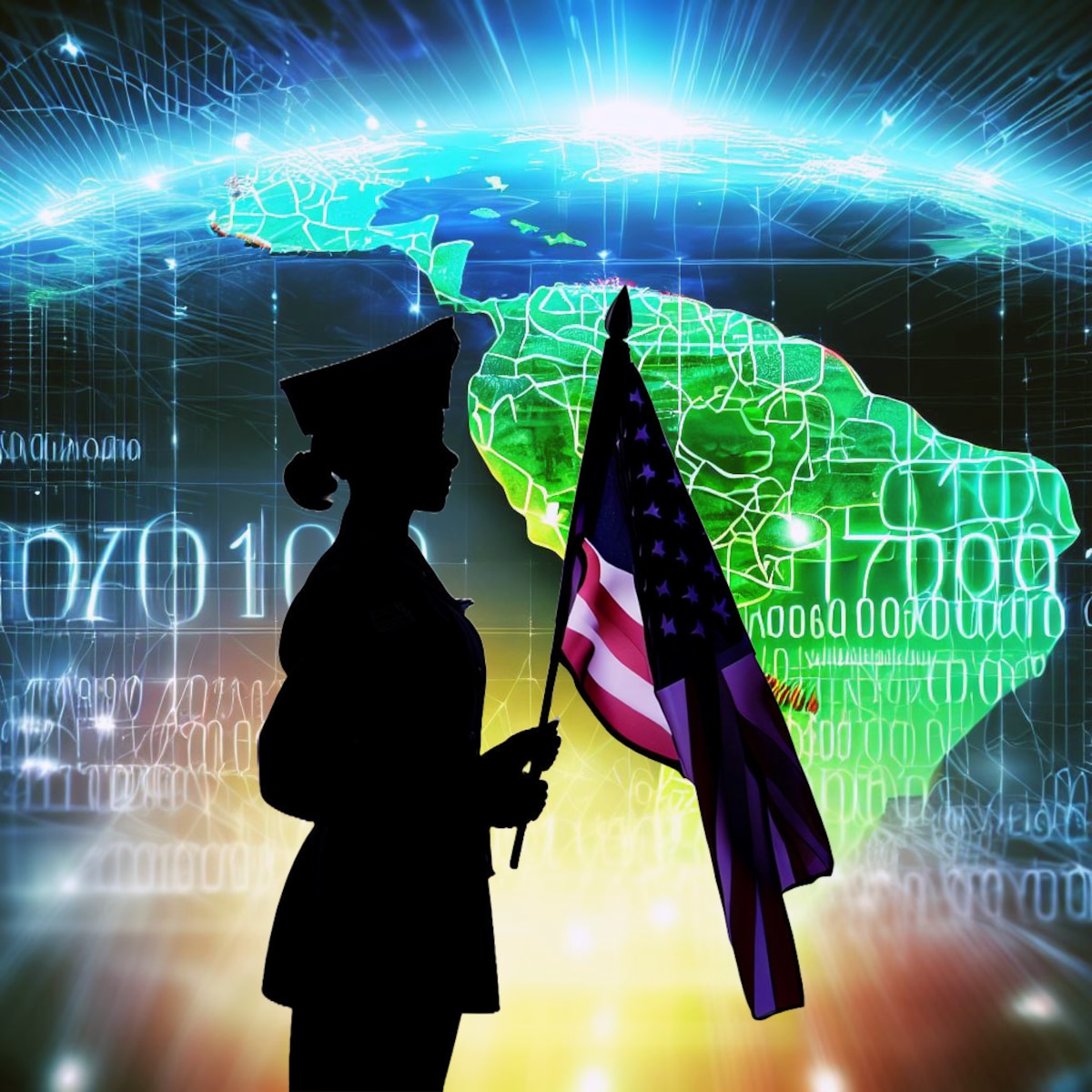 A female service member holds a US flag with a map of Latin America in the background