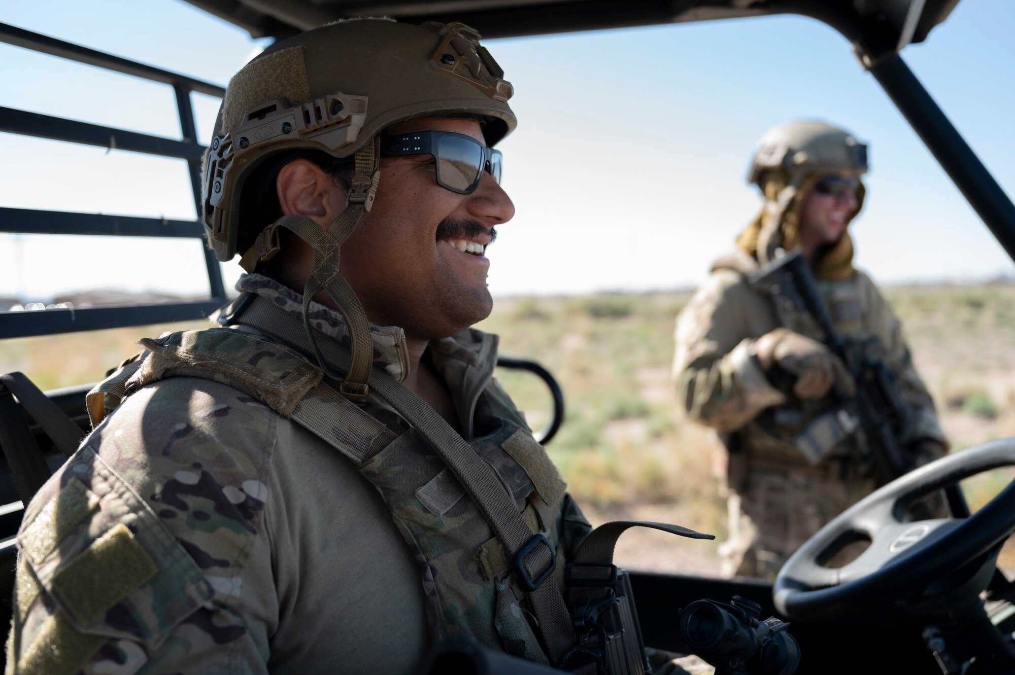 U.S. Air Force Tech. Sgt. Nathan Hollibaugh, 49th Civil Engineer Squadron explosive ordnance disposal NCO of quality assurance gets ready for training exercise at Holloman Air Force Base, New Mexico, Sep. 18, 2023. The EOD flight is trained to disarm and dispose of any explosives that pose a threat to personnel on base. (U.S. Air Force photo by Airman 1st Class Michelle Ferrari)